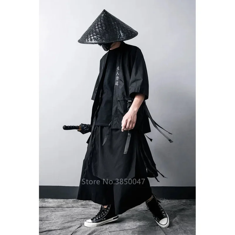 Japanse gotische zwarte kimono broek voor vrouwen mannen yukata mode haori samurai cosplay kostuums traditionele kleding streetwear p