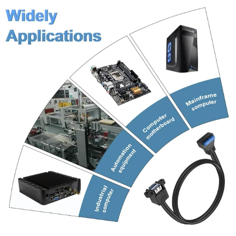 For Computer Motherboard Installation 0.3m 5Gbps 20-Pin 90 Degree Elbow to USB 3.0 Dual Port Female Threaded Installation Cable