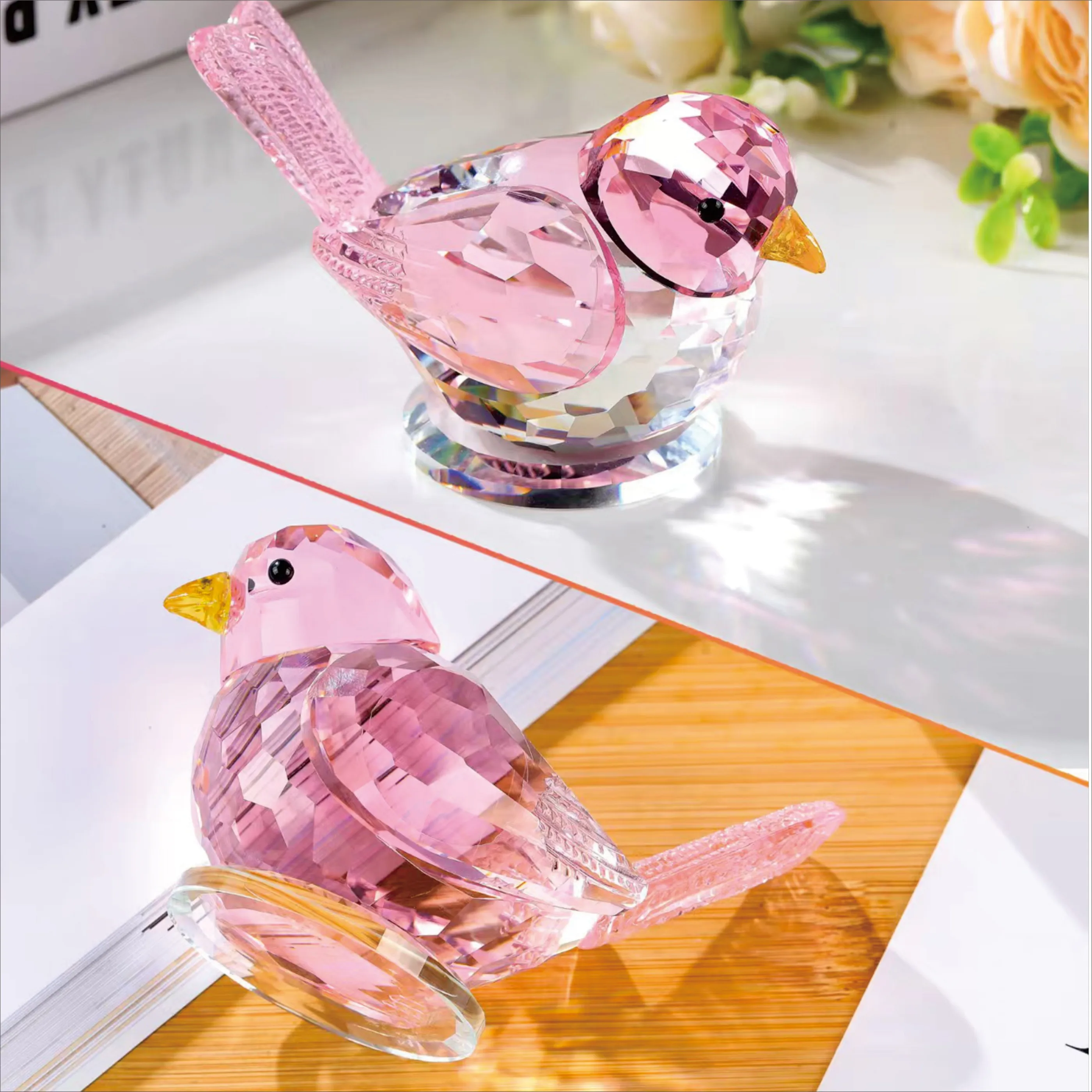 80/100mm Pink Crystal Bird Statue - Semi-Handmade Art Glass Sculpture, Tabletop Figurine Ornament for Home Decor & Gift