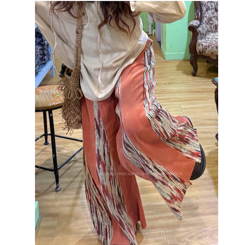 26 New Arrival Spring/autumn Women Full Length Pants Casual Loose Cotton Corduroy Button Fly Waist Patchwork Wide Leg Jeans T259