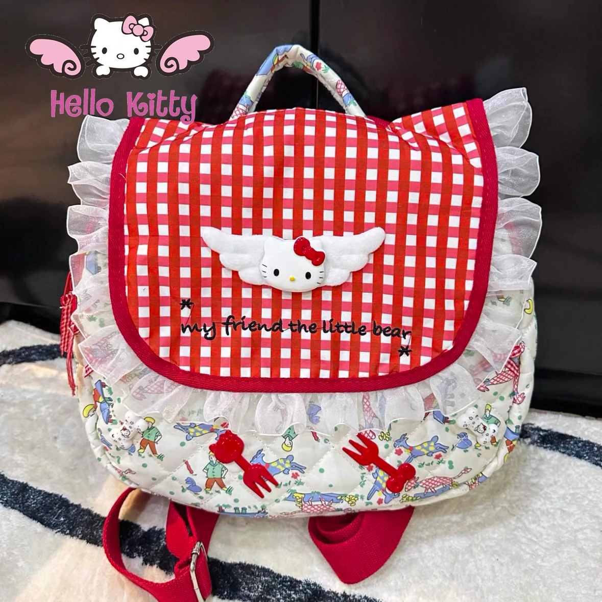 

Miniso Новый милый кружевной рюкзак Sanrio Hello Kitty с допамином в японском стиле, аниме, рюкзак с красной сеткой, модная сумка для девочек