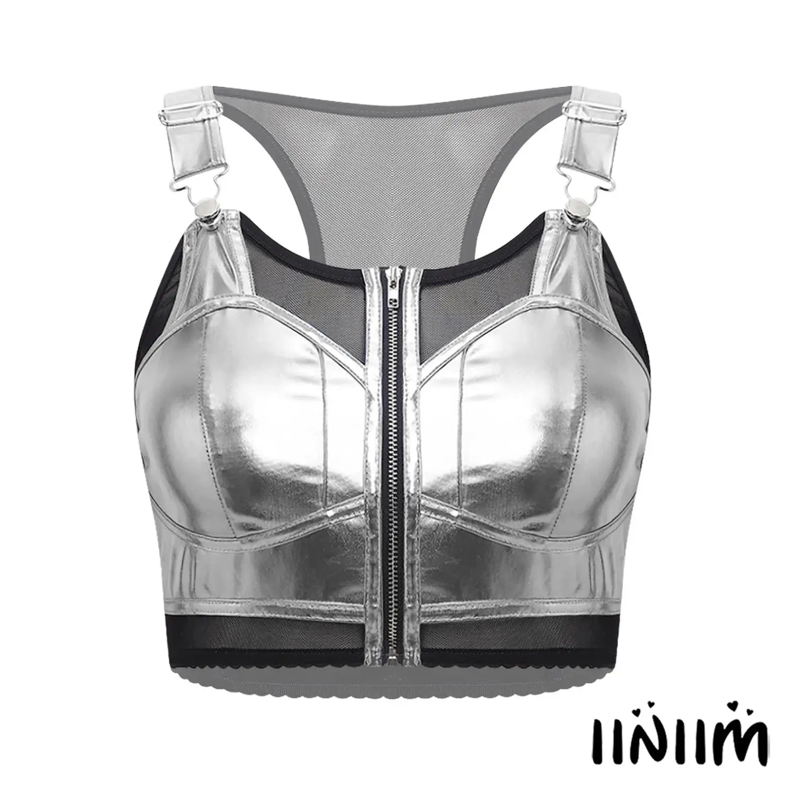 

Womens Disco Jazz Dance Party Crop Tank Top Metallic Shiny And Sheer Mesh Patchwork Adjustable Straps Vest Crop Top Streetwear