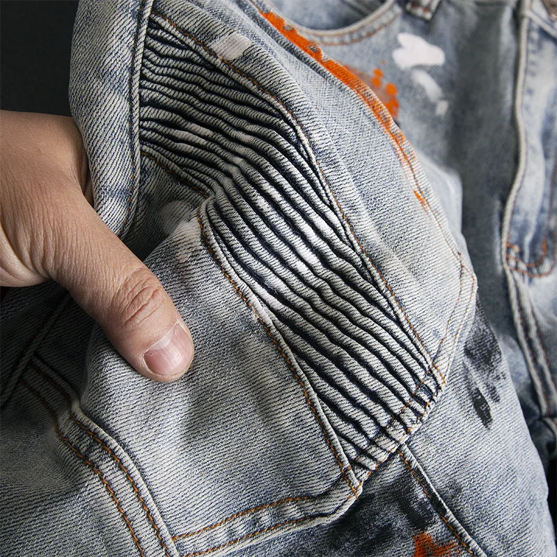 2025 New Graffiti Splash Ink Splicing Jeans for Men, Slim Fit, Small Feet, Elastic, Nostalgic, Heavy Weight Denim Pants