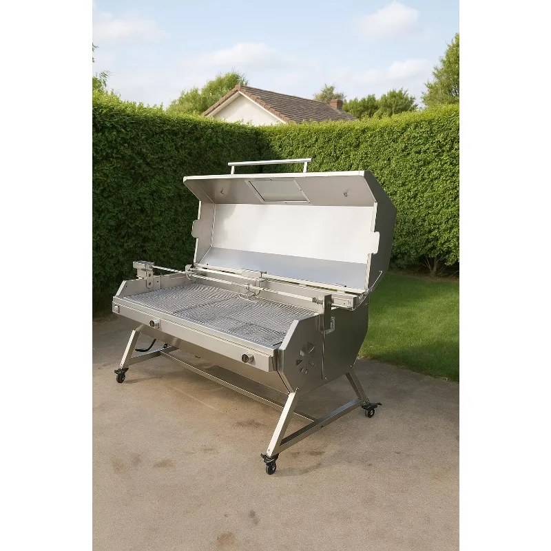 Outdoor Kitchen BBQ Grill with Gas Spit Rotisserie - Santa Maria Charcoal Style, Stainless Steel, Adjustable Height