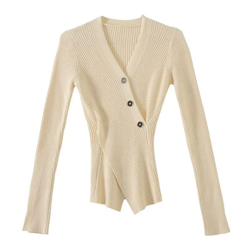 Women's Spring and Autumn Fashion Elegant Solid V-neck Button Cross Casual Versatile Long Sleeve Slim Fit Sweater Knitted Tops