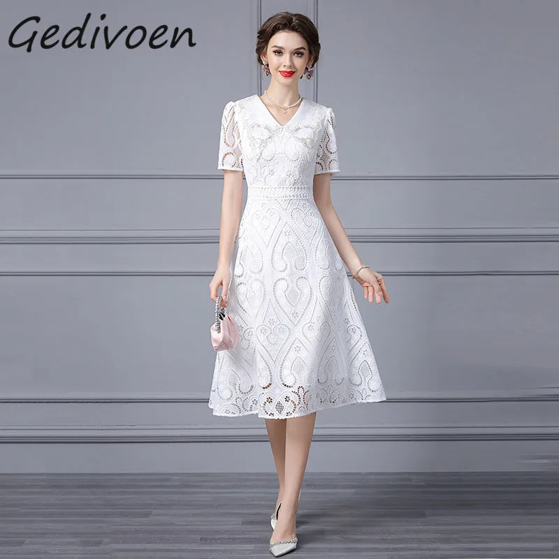 Gedivoen Summer Fashion Runway Elegant Dress Women's Turn-Down Collar Beading Embroidery Hollow Out Party High Waist Long Dress