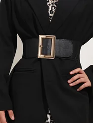 Wide Square Buckle Women's Elastic Waist Belt To Match Loose Fit Dresses, Coats, Sweaters, Trousers, Skirts