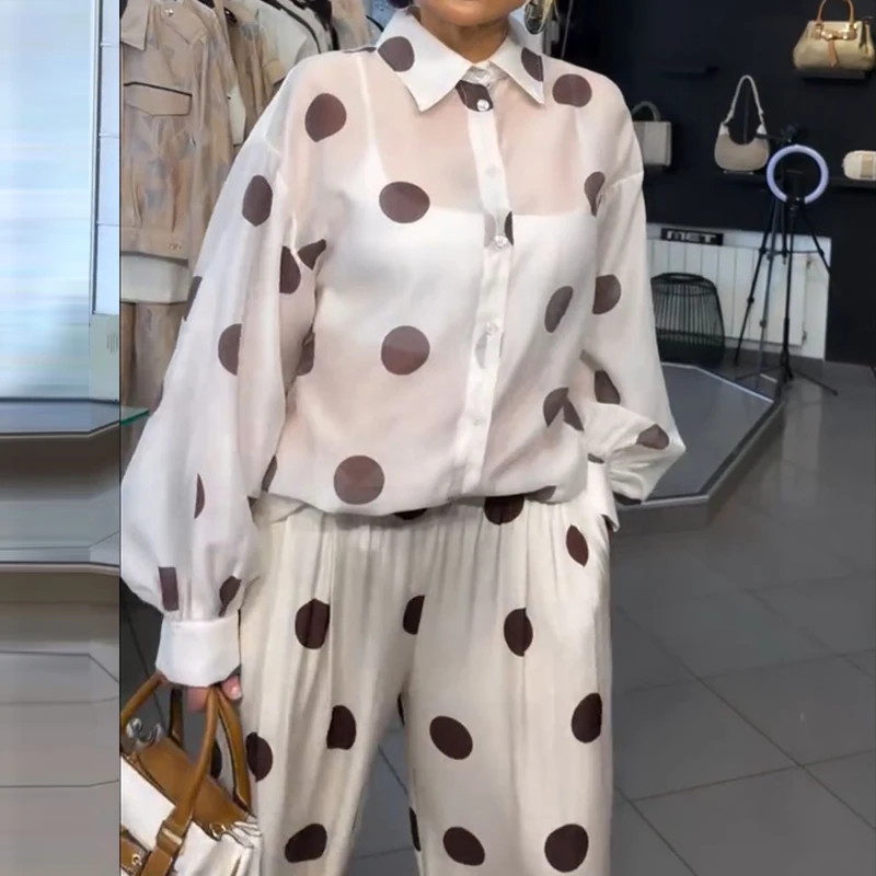 

White Polka Dot Print Loose Women's Suit Fashion Lapel Button Up Shirt and Long Pants Two Piece Set 2026 Office Elegant Outfits