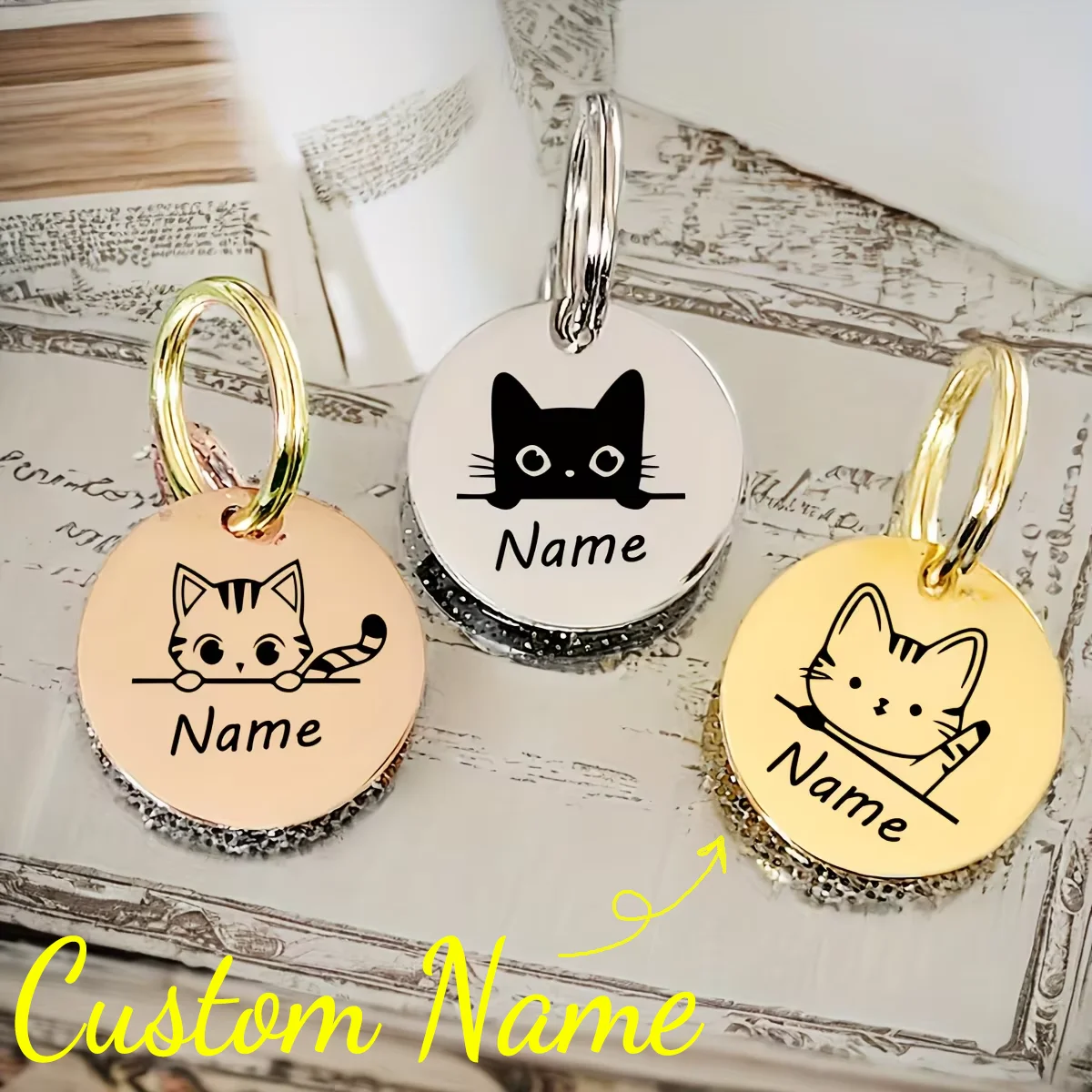 Pendentifs d'identification personnalisés pour collier, gravés anti-perte, pour chiens et chats, avec nom personnalisé et motif visage de chat mignon, accessoires pour collier