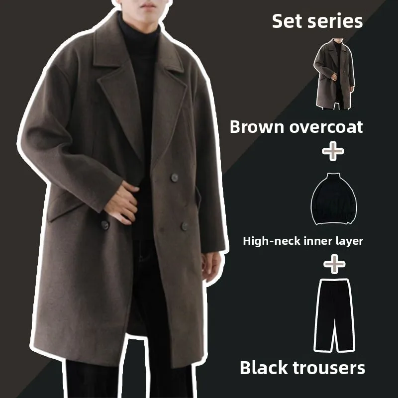 

Мужское двубортное осенне-зимнее пальто средней длины, комплект из футболки, свободный крой, повседневный Sle American Faion