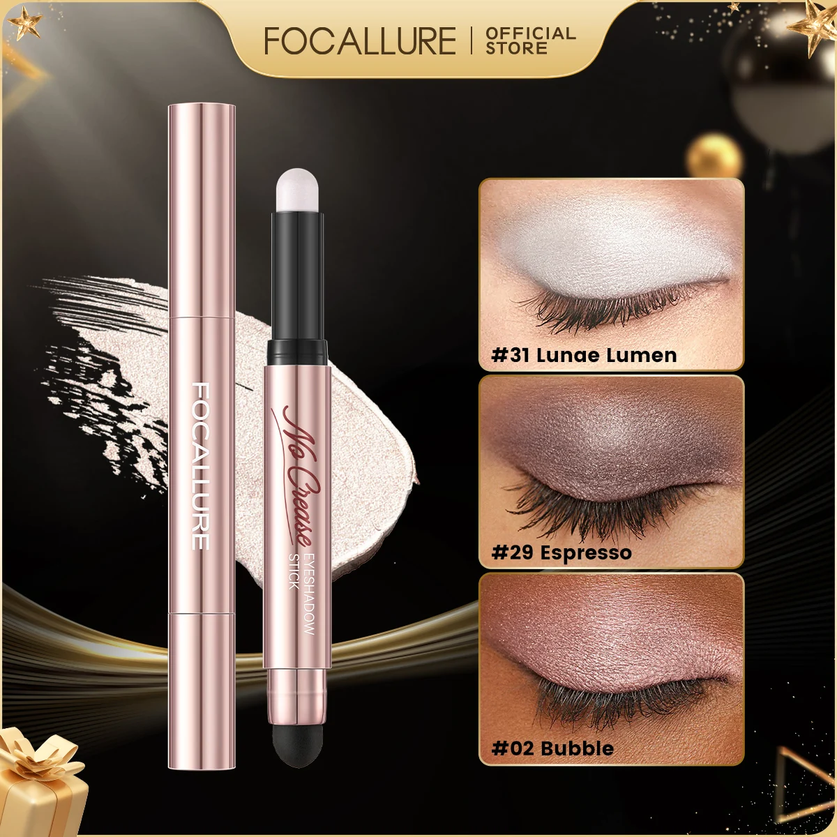 FOCALLURE Pearlescent Eyeshadow Pencil Stick Waterproof Lasting No Crease Highlighter Glitter Eye Shadow Liner Makeup Cosmetics