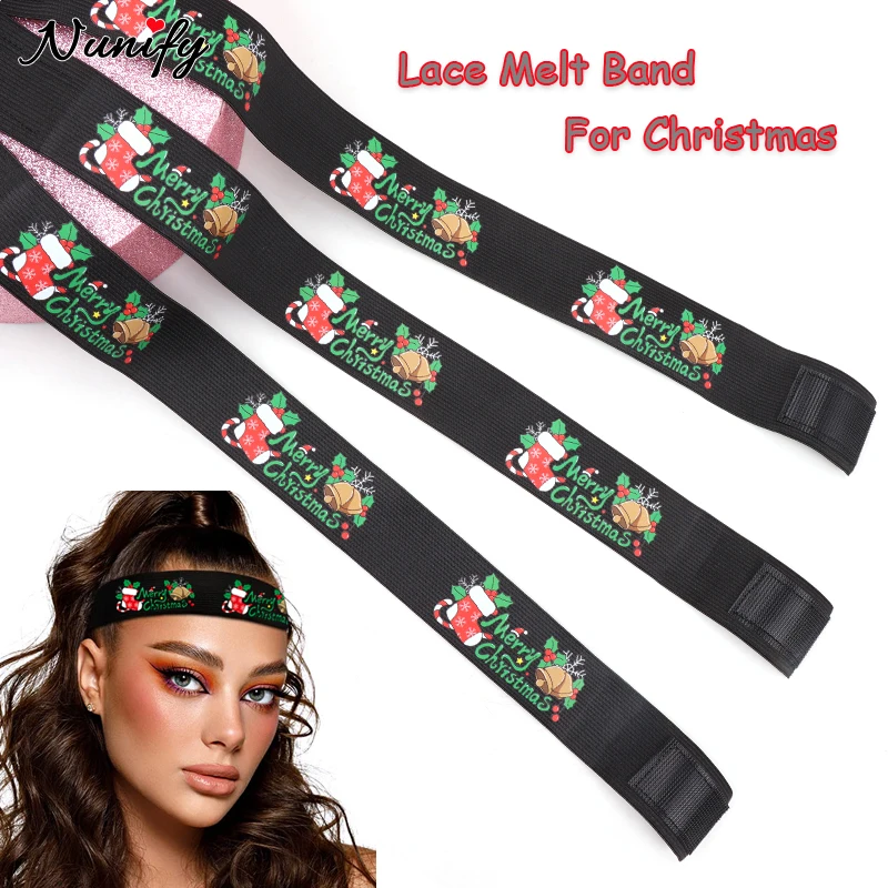 Wig Bands For Edges Lace Band With Ear Muffs Black Melting Band For Lace Wig Adjustable Elastic Bands With Merry Christmas Print