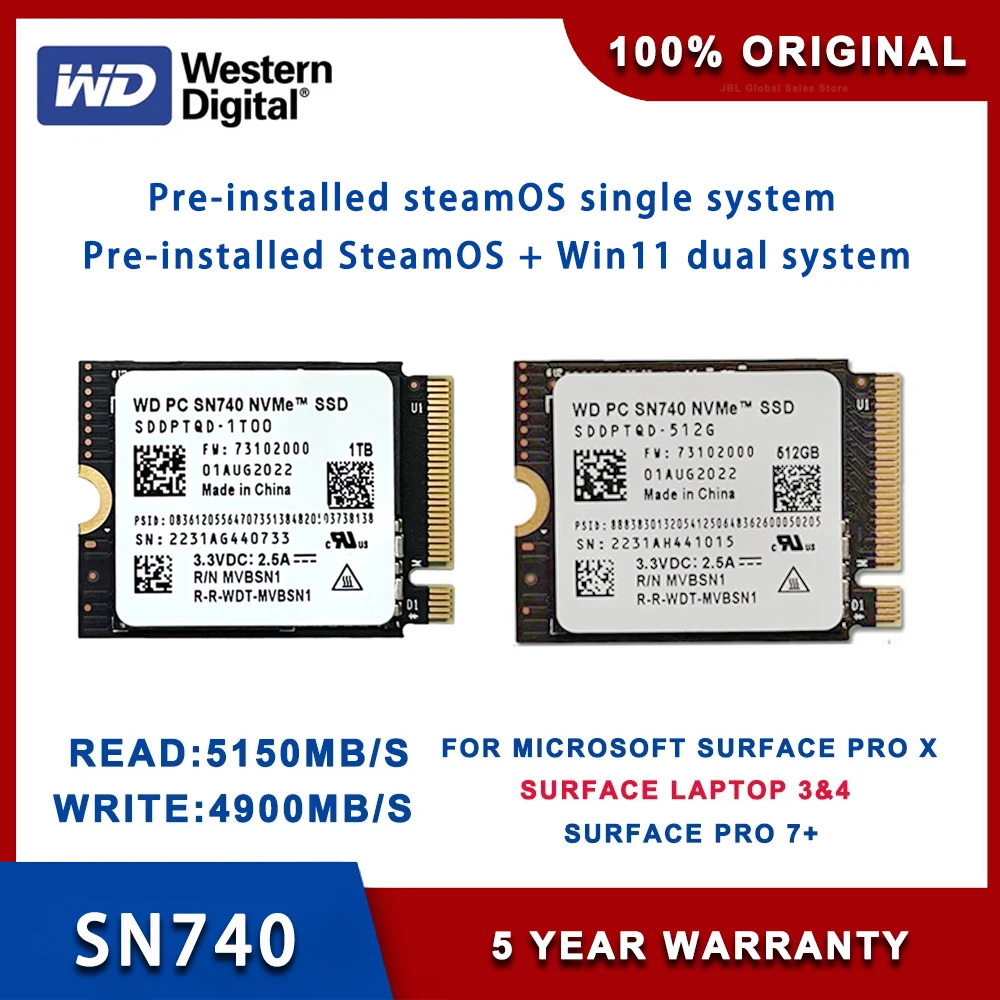 Western Digital SN740 WD SN740 2TB 1TB 2230 NVMe PCIe Gen 4x4 SSD M.2 SSD For Microsoft Surface ProX Surface Laptop 3 Steam Deck