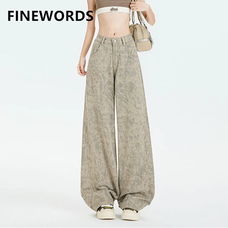 

FINEWORDS Vintage High Waist Printed Jeans Women Easymatch Streetwear Wide Leg Jeans Full Length Tie-dye Loose Jeans
