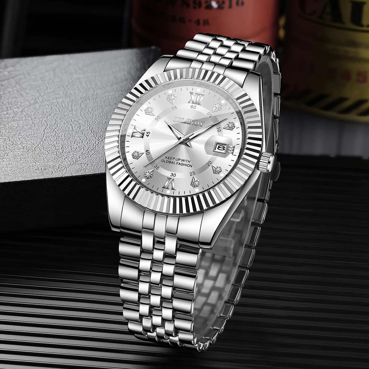 Image of Luxuriöse Herren-Businessuhren mit Strass, modische Herren-Kalender-Quarzuhr mit Edelstahlarmband, Reloj Hombre (ohne Box)