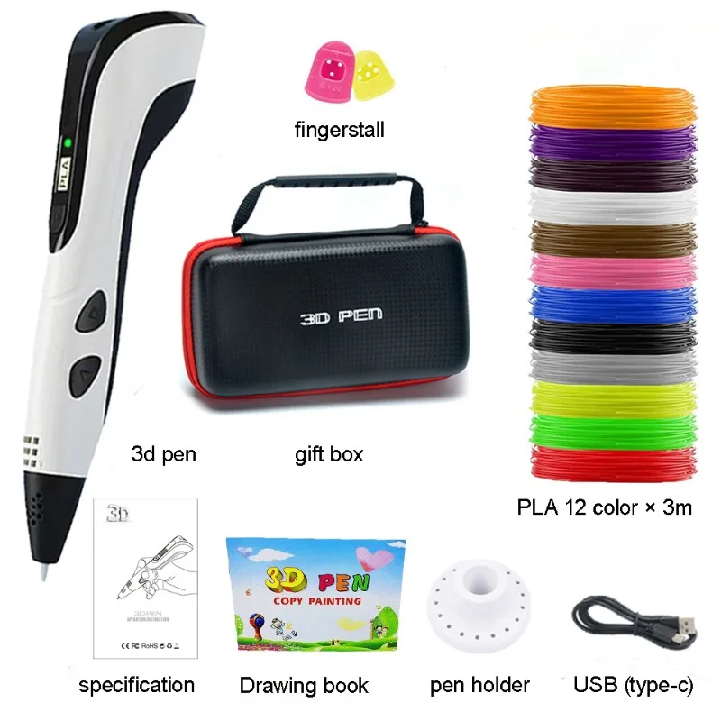 Children's 3D Pen With LED Screen Colorful PLA 3D Printing Pen with Power Adapter and Storage Box Kids Christmas Birthday Gift