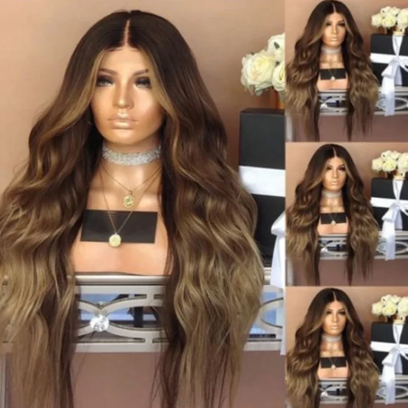 Peruka damska z przedziałkiem na środku, duże fale, doczepiany włosy z efektem gradientu, farbowane w gradientowy kolor.