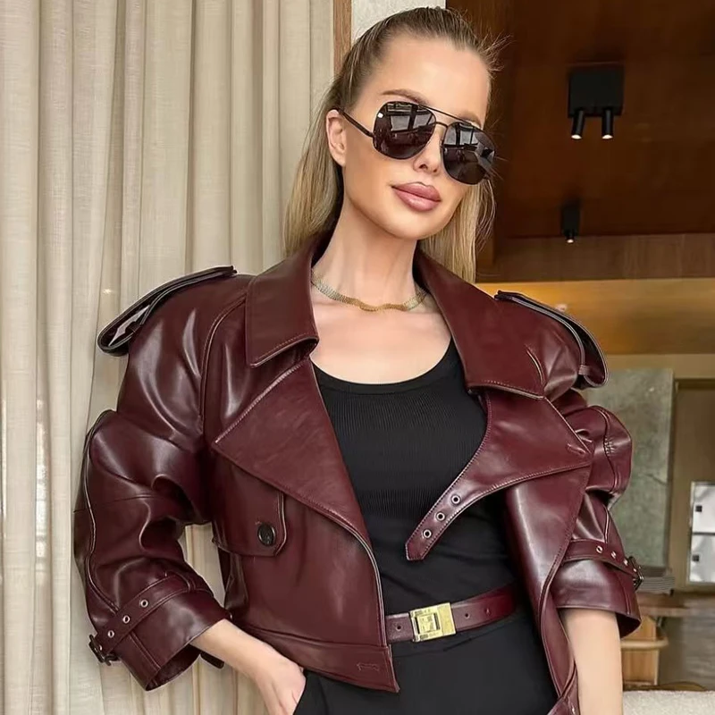 HXAO Cropped leren jas damesjas herfst 2025, bordeaux zwart Outerwears dames topjas met lange mouwen motorjas