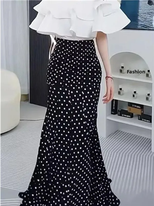 Elegant Black Polka Dot Fish Tail Skirt Women's Summer New Lightweight Luxury Style Half Skirt Drapey Wrap around Skirt