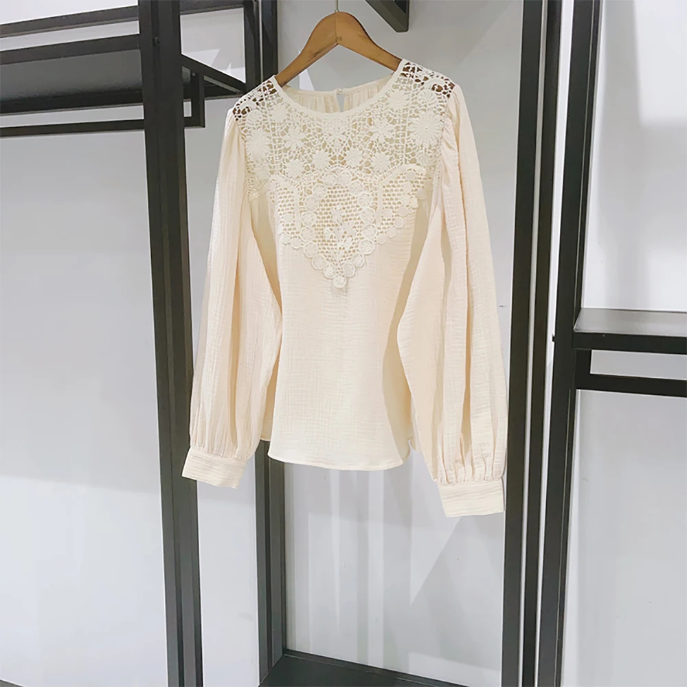 100% Cotton Lace Embroidered Long Sleeve T-Shirt for Women, French Style Hollow Out Round Neck Loose Casual Elegant Blouse Top