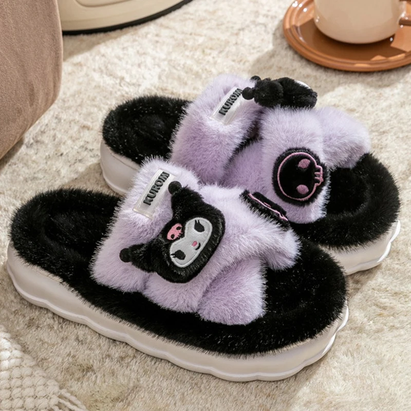 Genuine Sanrio Kuromi Hello Kitty Plush Slippers My Melody Warm Winter Indoor Slippers Flat Casual Non-slip Girl Home Shoes