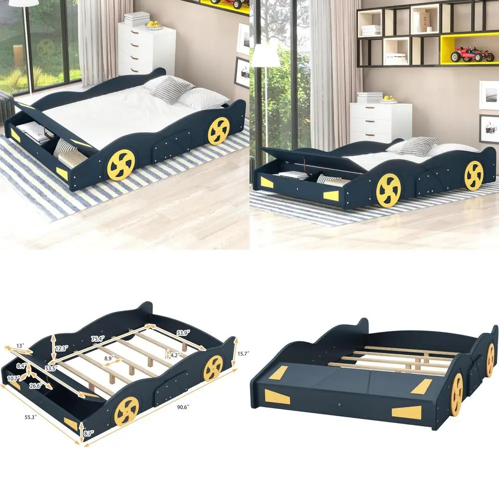 

Full-Size Race Car-Themed Bed with Storage, Blue & Yellow, No Box Spring Required