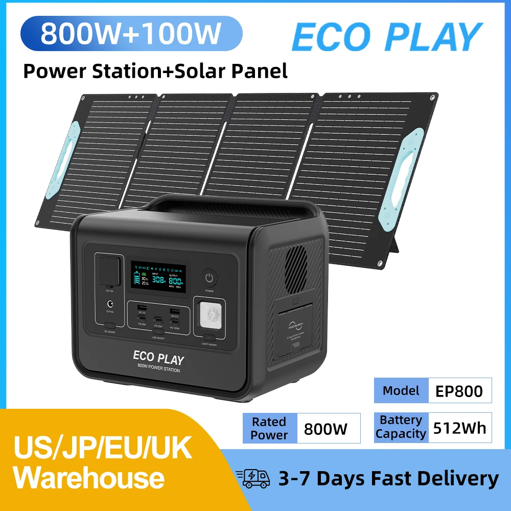 

ECOPLAY 800W/512Wh Power Energy Stations Portable EP800 Rechargeable Batteries Hiking Solar Panels 100W Foldable for Outdoor