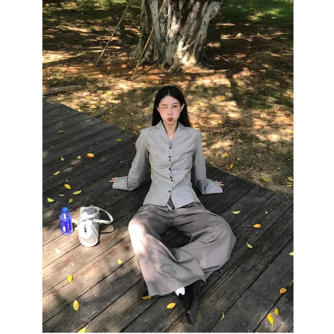 

Женская классическая винтажная повседневная блузка с завышенной талией и полосками, французский стиль, приталенный крой, длинный рукав, V-образный вырез