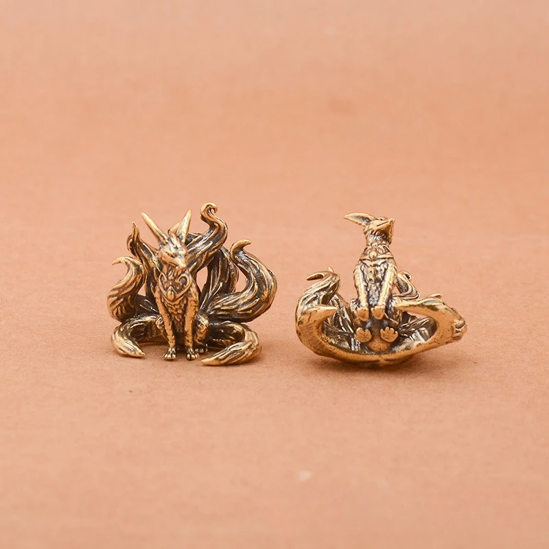 Brass Mythical Fox Statue Seven/Nine Tailed Fox Miniature Figurines Desk Ornament Mini Copper Animal Sculpture Home Decor Crafts