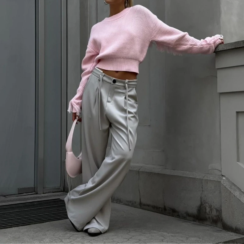 Women O Neck Tassel Elegant Y2K Pink Short Knitted Sweater Women Casual Pullover Autumn Lady Long Sleeve Streetwear  Jumper Punk