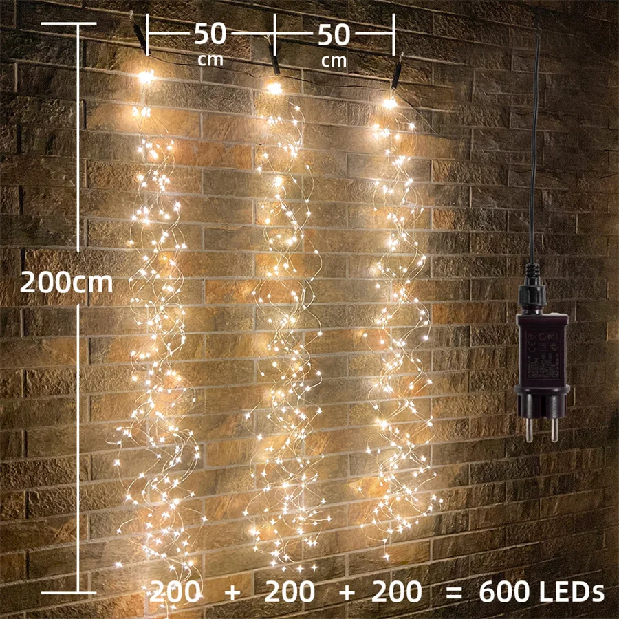 3IN1 Christmas Branch Vine Fairy Lights Garland With Remote 600 LED Outdoor Waterproof led Waterfall String Light For Tree Decor