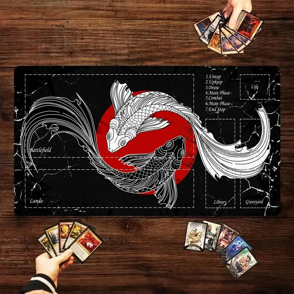 

Black and white koi anime Magic Playmat Card Gaming Mat with zone MTG TCG gathering game mat Desk Mat Commander Battle playmat