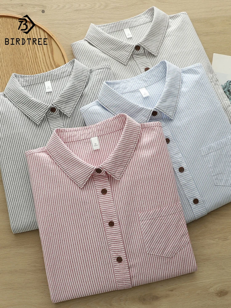 

New 2026 Spring Women Cotton Long Sleeve Shirt, Turn-down Collar Striped, Mori Girl Fashion OL Versatile Loose Blouse T61026CC