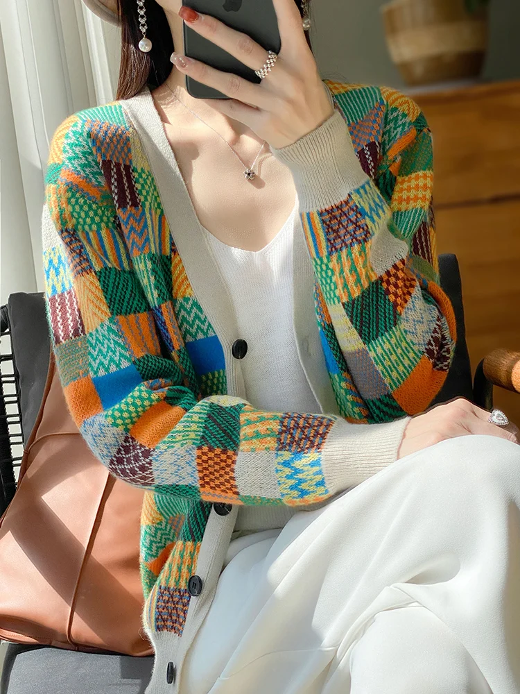 ADDONEE Autumn Winter Women Cashmere Sweater V-neck Plaid Colorful Cardigan 100% Merino Wool Knitwear Korean Popular Clothing