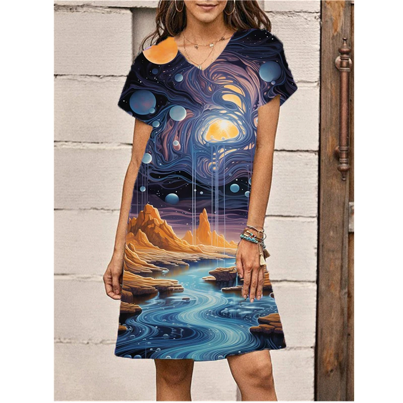 

Vintage 3D Colorful Landscape Pattern Printed Dress Women Big Size Short Sleeve V-neck A-Line Knee-length Dress Summer New Dress