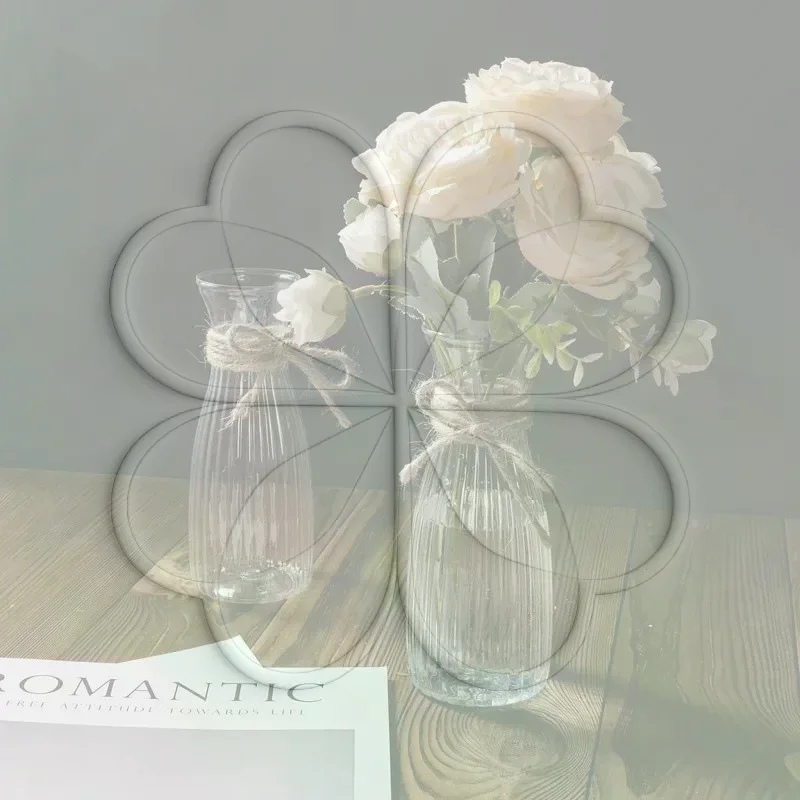 Clear Ribbed Plastic Vase with Jute Rope Shatterproof Rustic Vintage Decor for Kitchen Counter Accent