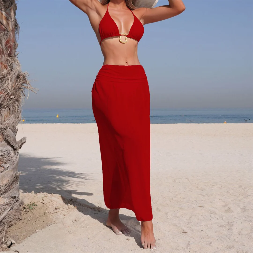 Mit Rock, Neckholder, Metallring, Bikini, Damen-Badebekleidung, Damen-Badeanzug, dreiteiliges Bikini-Set, gepolsterter Badeanzug, Badeanzug, Schwimmanzug V7068 – Detail 9
