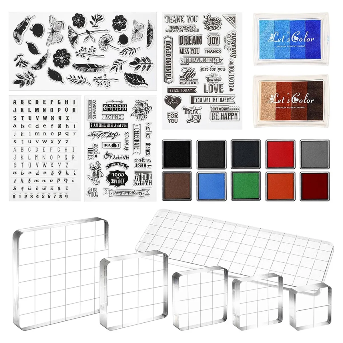 

High-quality 22 Pcs Crafting Stamps Set with Acrylic Stamp Blocks, Silicone Stamps, and Colorful Ink Pads for DIY Scrapbooking