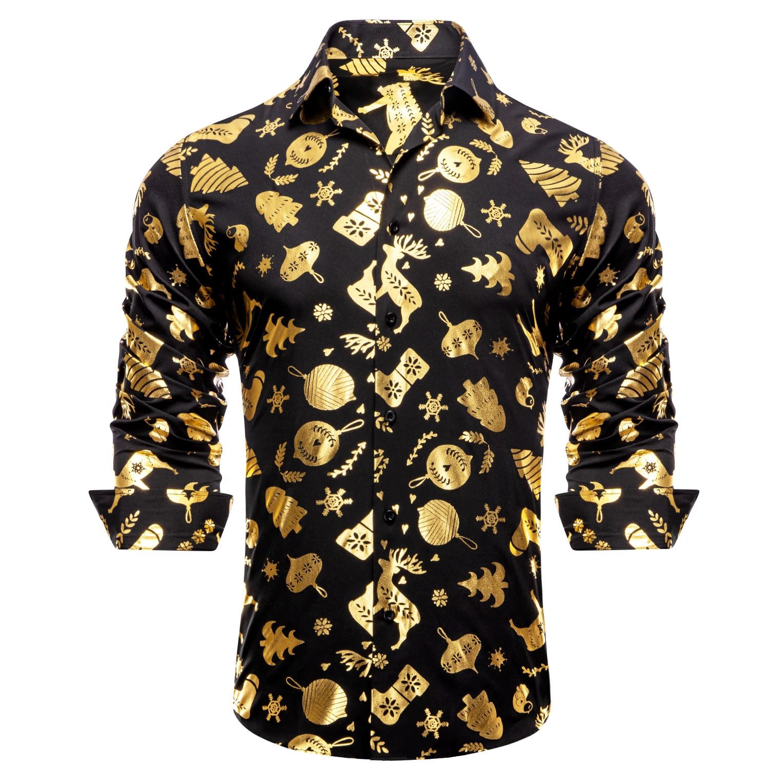 Hi-Tie Christmas Silk Men Shirt Black Gold Spring Autumn Long Sleeve Lapel Shirt Slim Fit Blouse for Male Wedding Business Party