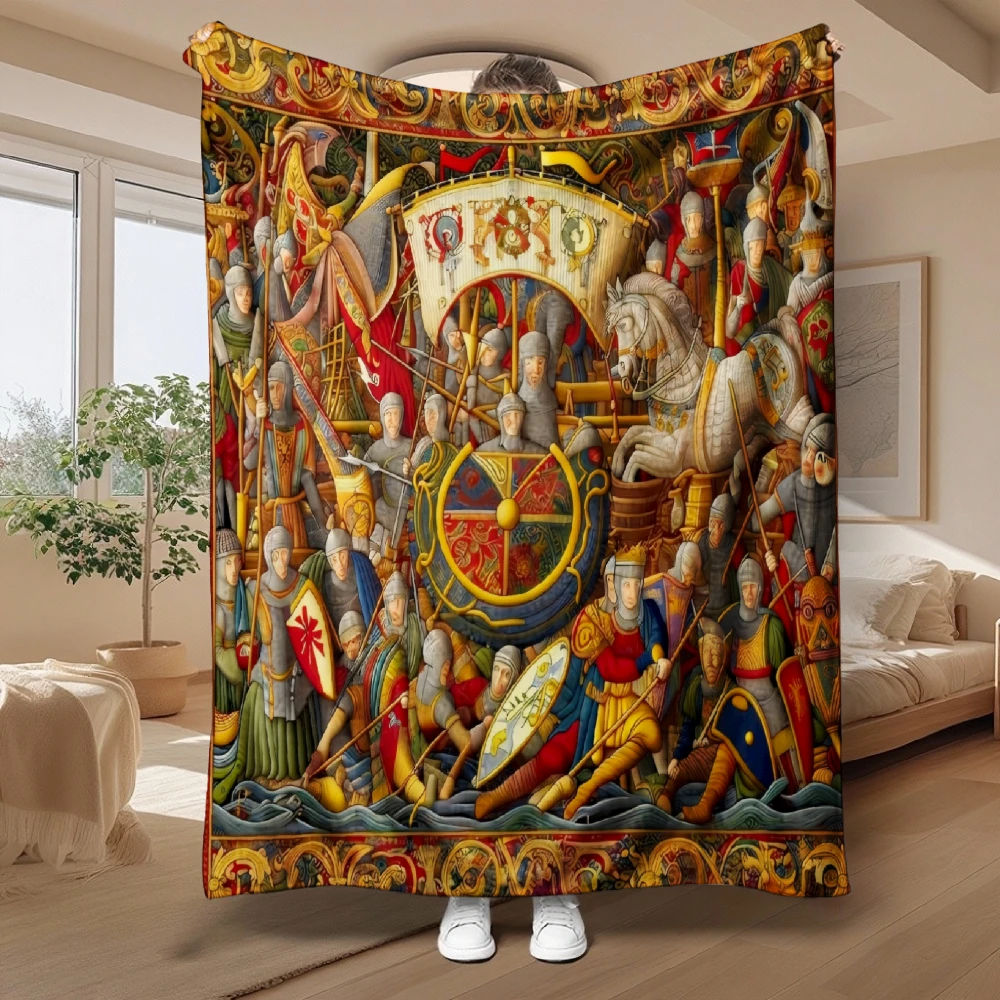 Medieval Battle Tapestry, History Enthusiast Gift, Soft Blanket, Vibrant Knights And Shields Design, Multi-Purpose Home Decor, C
