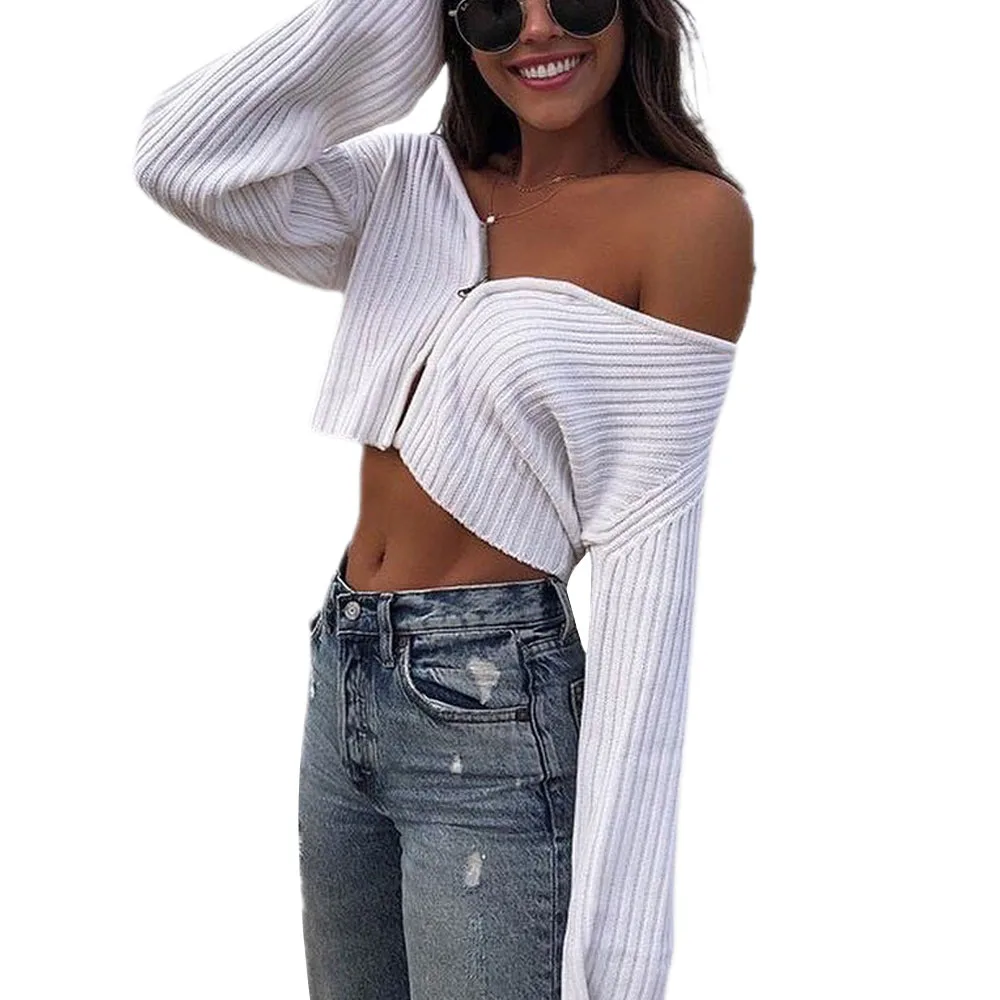 Women's Knitted Tops, Solid Color Long Sleeve Zipper Closure Top Cloth, Casual Outwear Simple Tops