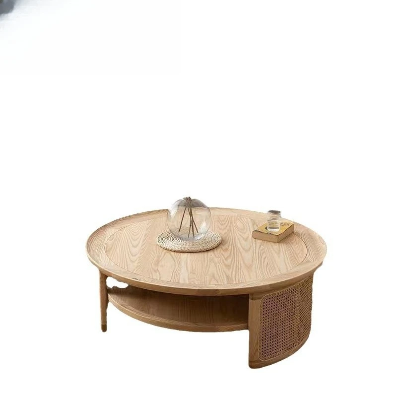 

Japanese tatami solid wood round tea wabi-sabi style table, small apartment rattan tea table, coffee table storage, round