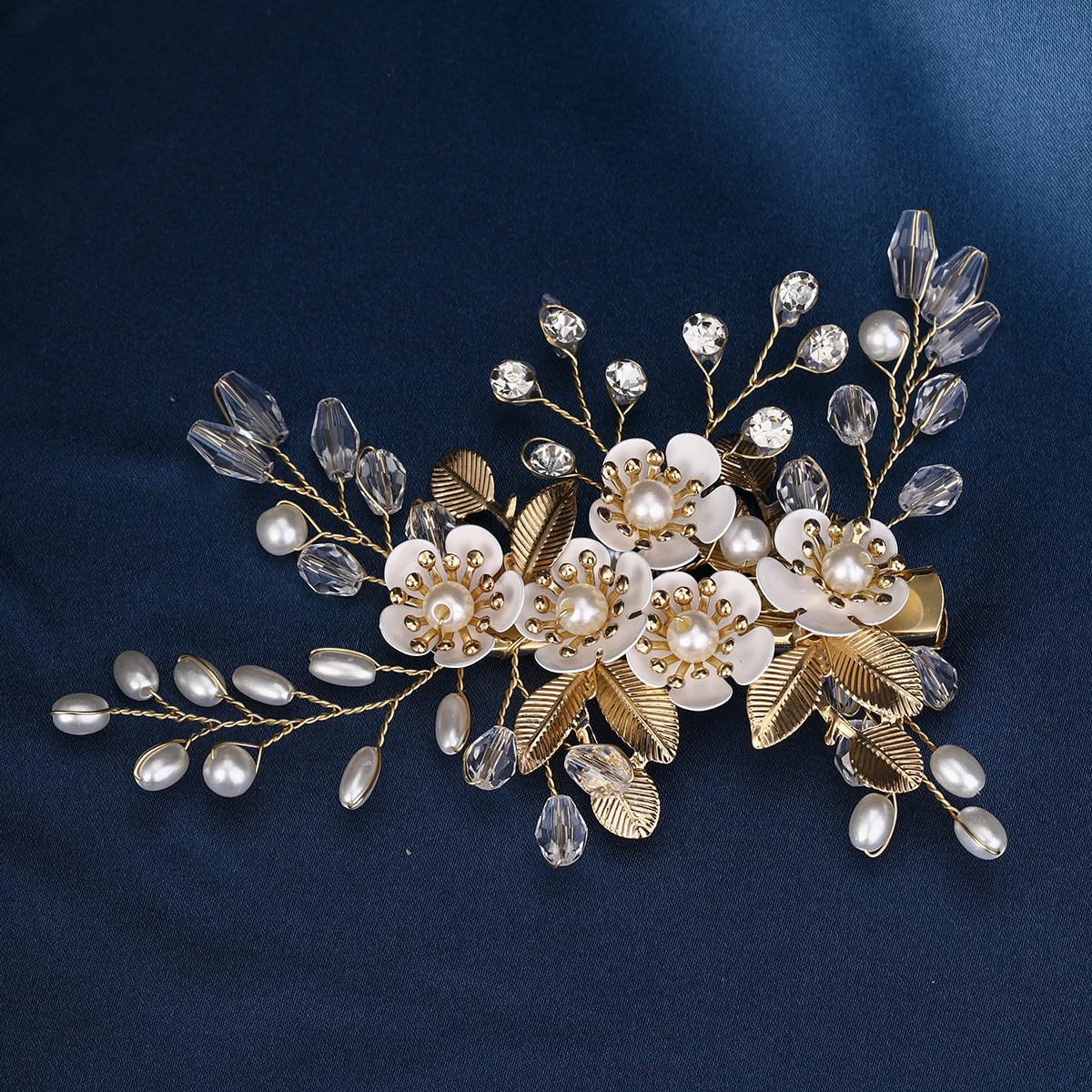 New Gold Luxury Flower Hair Clip Pearl Crystal Alloy Barrettes Bridal Wedding Girls Birthday Hair Accessories Jewelry Headdress