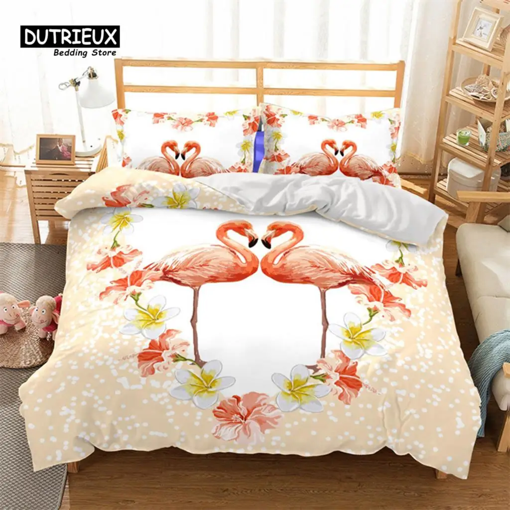 

Soft Flamingo 3D Print Bedding Set Fresh Style Cartoon Animals Green Leaves Tropical Fruit Floral Duvet Cover With Pillowcases