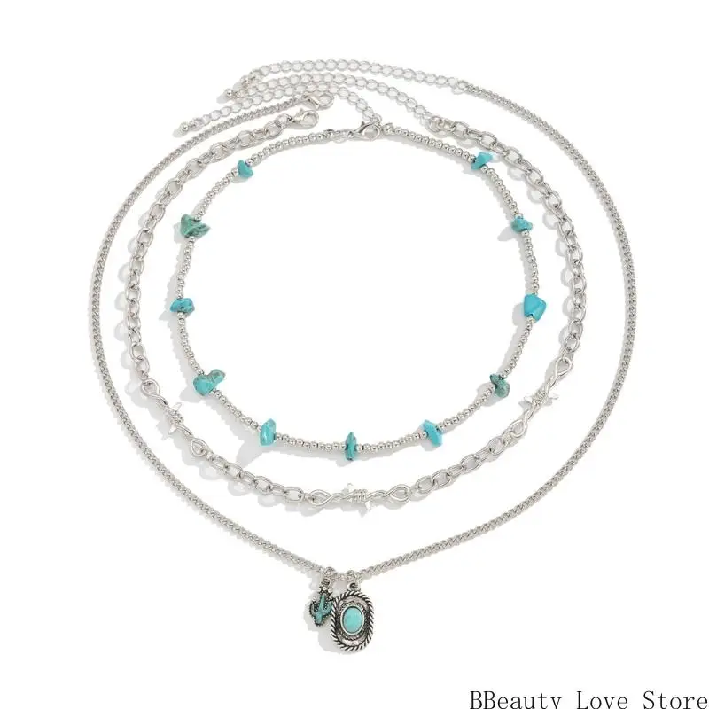 

3pcs Vintage Turquoise Necklace with Cowboy Hat Designs for Fashionable Adults and Western Enthusiasts Daily Use