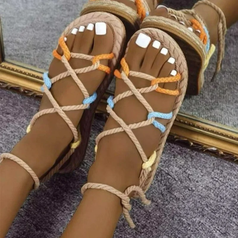 2023 Summer New Women Roman Sandals Retro Braided Rope Round Toe Open-toed Ladies Shoes Casual Non-slip Flat Beach Sandals