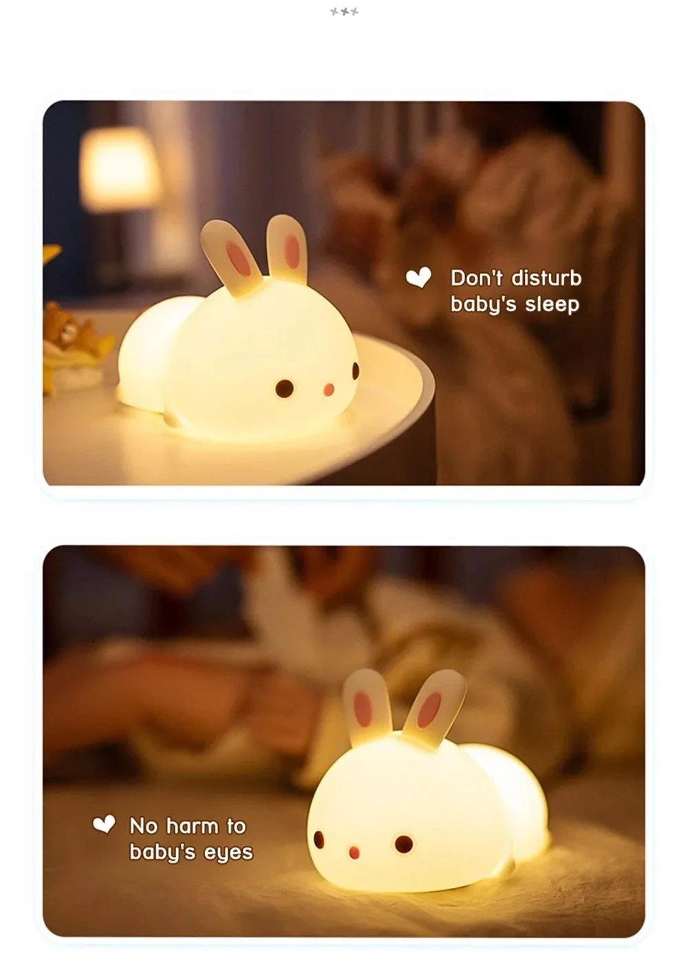 LED NightLights Silicone Rabbit Night Light with USB Charging Colorful Atmosphere Lamp for Children Kids Holiday Gift