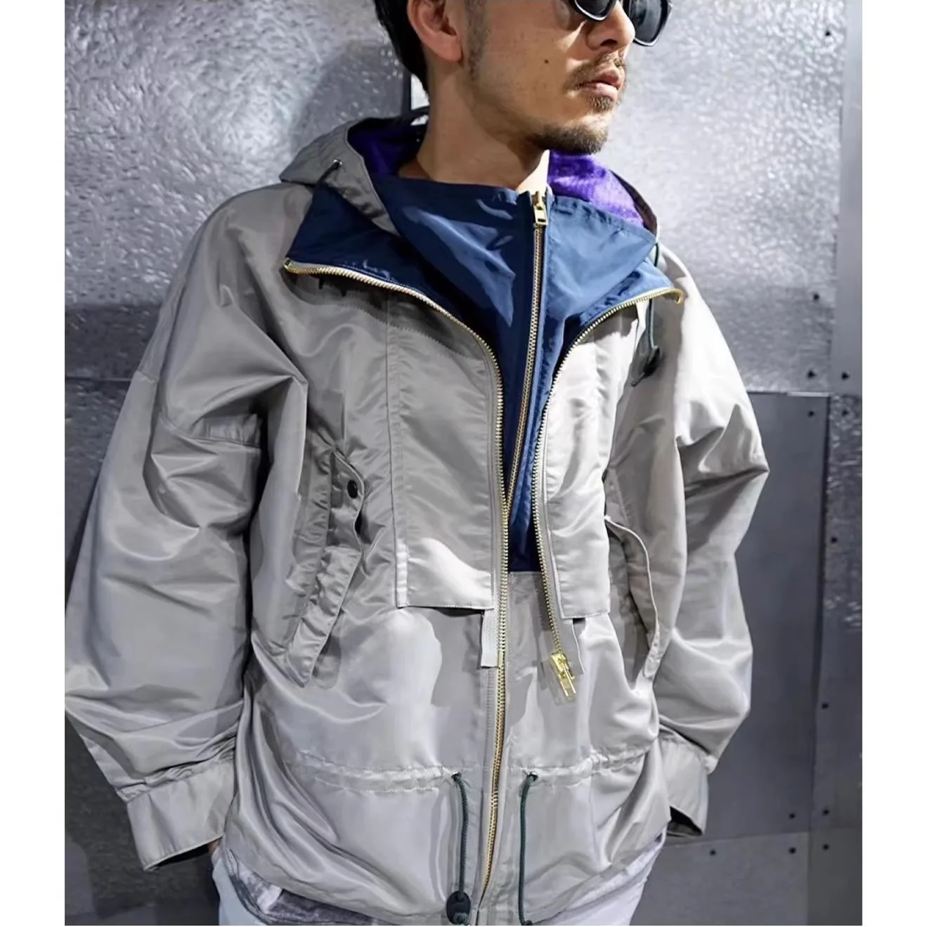 اليابان 23SS كولور آبي تشغيل لونين نايلون مقاوم للماء سحاب مزدوج فضفاض معطف مقنع كم طويل هوديي #4