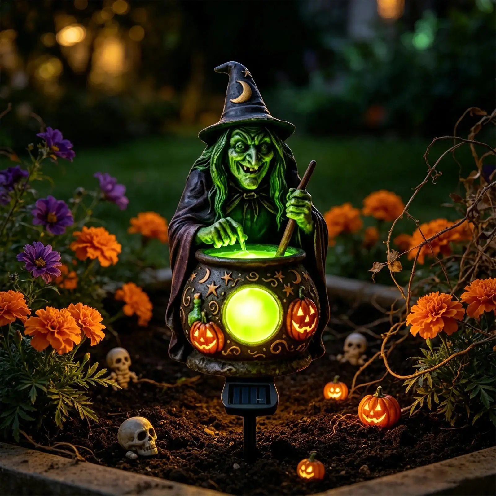 Witch Cauldron LED Light Witch Green LED Solar Powered Cauldron Stake Halloween Yard Decorations For Courtyards Party School