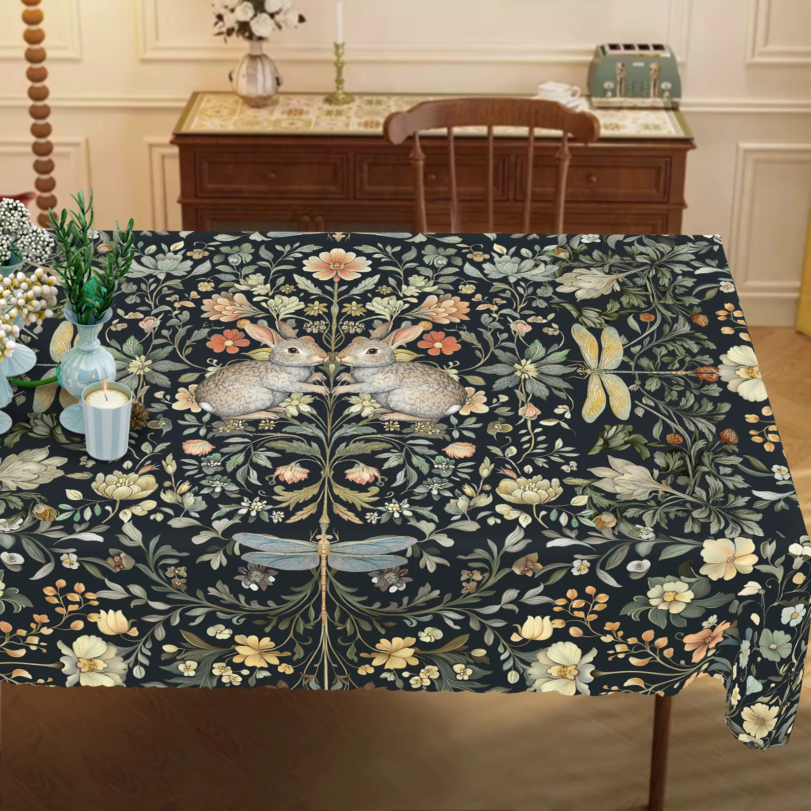 1 Piece, William Morris Retro Style Tablecloth + 4 Self-Adhesive, Country Farm Flower Dragonfly Rabbit Pattern, Easter Rabbit Tablecloth, Round and Rectangular Tablecloth, Embossed Edge, Durable Woven Polyester Fabric, Suitable for Home Kitchen, Outdoor Garden, Holiday Party, Restaurant and Banquet Decoration, Party Event Decoration, Universal for All Seasons, Indoor and Outdoor Use, Perfect Gift-Oo-035